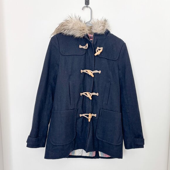 American Eagle Classic Navy Coat with Faux Fur Hood Wooden Peg Toggles & Zipper - Picture 1 of 5